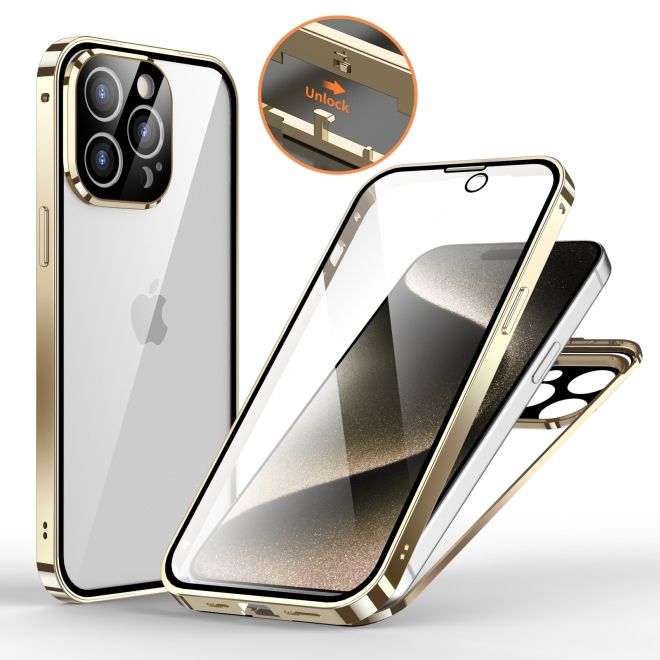 iPhone 15 Pro Max Hülle - 360 Grad PanzerGlas Alu Case mit Verriegelungsmechanismus - champagner