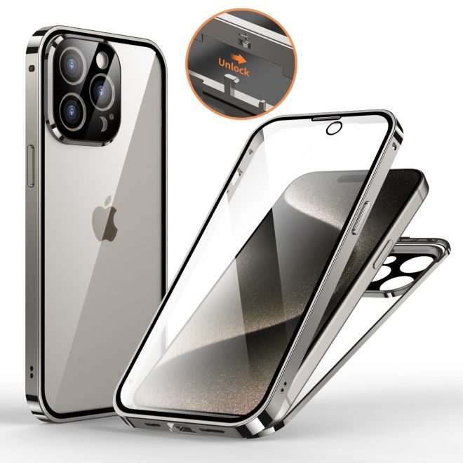 Coque pour iPhone 15 Pro Max - Coque en aluminium et verre trempé à 360° avec mécanisme de verrouillage - Grise