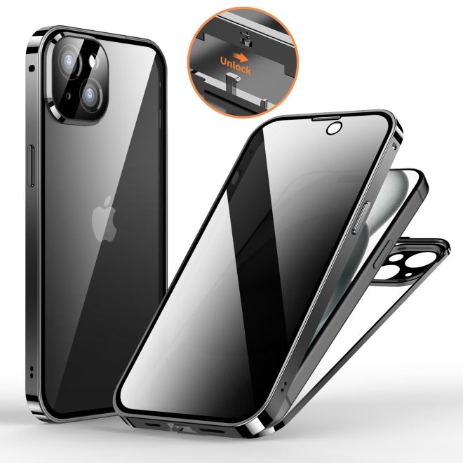iPhone 15 Hülle - 360 Grad PanzerGlas Alu Case mit Verriegelungsmechanismus - Privacy Glas - schwarz