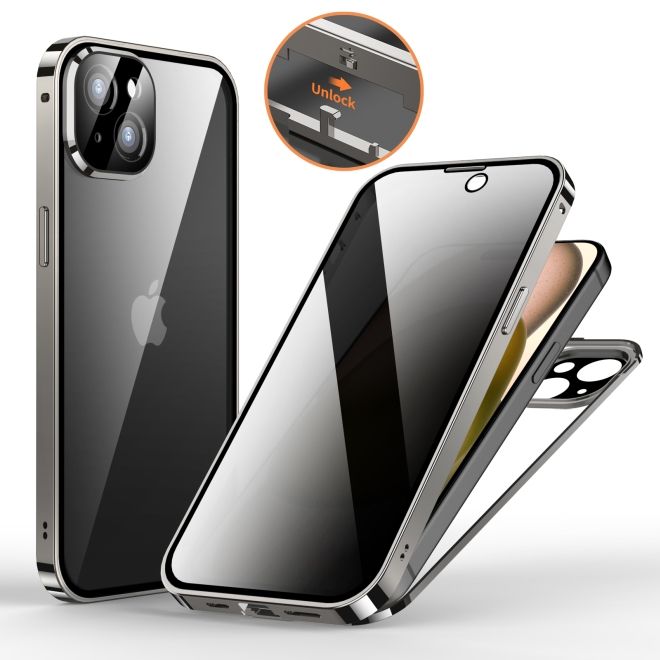 iPhone 15 Plus Case - 360 Degree Tempered Glass Aluminum Case with Locking Mechanism - Privacy Glass - Grey