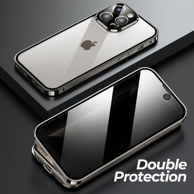 iPhone 15 Plus Case - 360 Degree Tempered Glass Aluminum Case with Locking Mechanism - Privacy Glass - Grey
