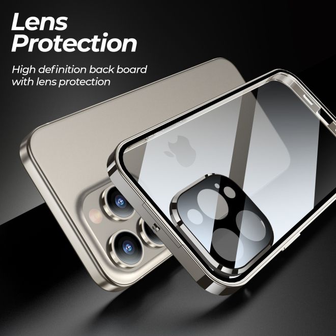 iPhone 15 Plus Case - 360 Degree Tempered Glass Aluminum Case with Locking Mechanism - Privacy Glass - Grey