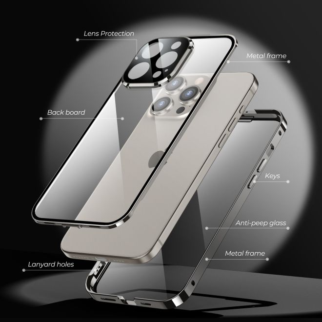 iPhone 15 Plus Case - 360 Degree Tempered Glass Aluminum Case with Locking Mechanism - Privacy Glass - Grey