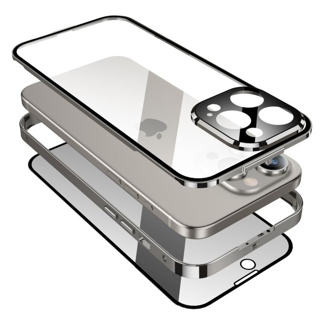 iPhone 15 Plus Case - 360 Degree Tempered Glass Aluminum Case with Locking Mechanism - Privacy Glass - Grey