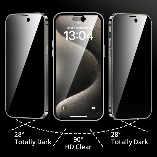 iPhone 15 Plus Case - 360 Degree Tempered Glass Aluminum Case with Locking Mechanism - Privacy Glass - Grey