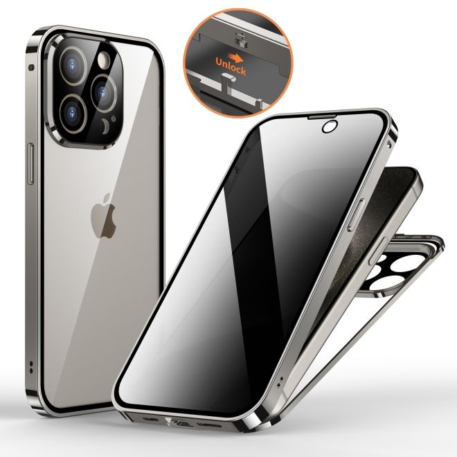 iPhone 15 Pro Hülle - 360 Grad PanzerGlas Alu Case mit Verriegelungsmechanismus - Privacy Glas - grau