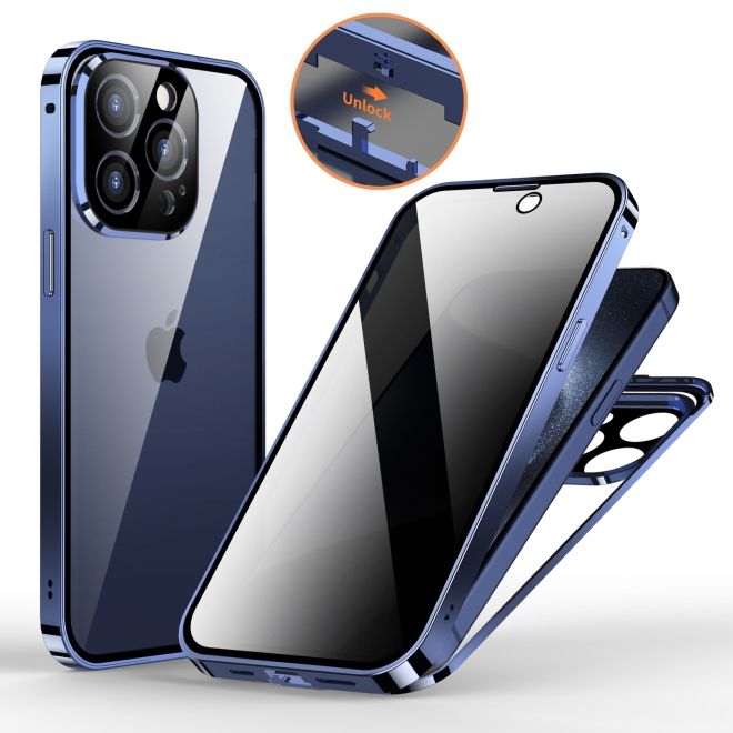 iPhone 15 Pro Hülle - 360 Grad PanzerGlas Alu Case mit Verriegelungsmechanismus - Privacy Glas - navy