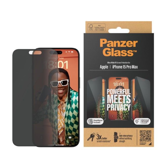 PanzerGlass - iPhone 15 Pro Max Displayschutz aus gehärtetem Glas - Privacy Ultra Wide Fit (P2812) - schwarz