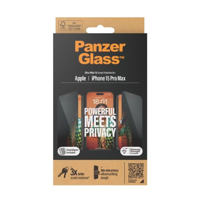 PanzerGlass - iPhone 15 Pro Max Displayschutz aus gehärtetem Glas - Privacy Ultra Wide Fit (P2812) - schwarz