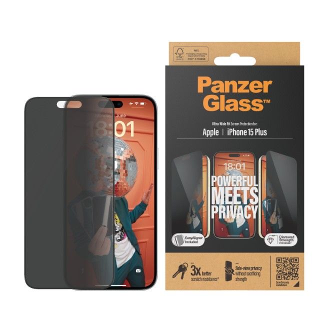 PanzerGlass - iPhone 15 Plus Displayschutz aus gehärtetem Glas - Privacy Ultra Wide Fit (P2811) - schwarz