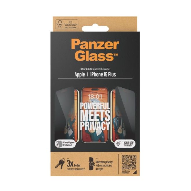 PanzerGlass - iPhone 15 Plus Displayschutz aus gehärtetem Glas - Privacy Ultra Wide Fit (P2811) - schwarz
