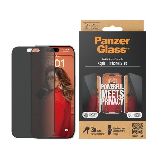PanzerGlass - iPhone 15 Pro Displayschutz aus gehärtetem Glas - Privacy Ultra Wide Fit (P2810) - schwarz