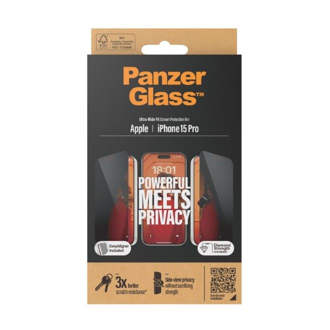 PanzerGlass - iPhone 15 Pro Displayschutz aus gehärtetem Glas - Privacy Ultra Wide Fit (P2810) - schwarz