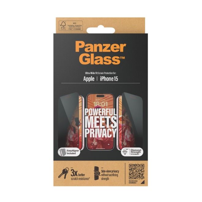PanzerGlass - iPhone 15 Displayschutz aus gehärtetem Glas - Privacy Ultra Wide Fit (P2809) - schwarz