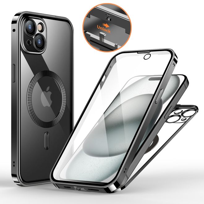 iPhone 15 Hülle - 360 Grad PanzerGlas Alu Case mit Verriegelungsmechanismus - MagSafe kompatibel - schwarz