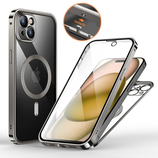 iPhone 15 Plus Hülle - 360 Grad PanzerGlas Alu Case mit Verriegelungsmechanismus - MagSafe kompatibel - silber