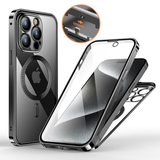 iPhone 15 Pro Hülle - 360 Grad PanzerGlas Alu Case mit Verriegelungsmechanismus - MagSafe kompatibel - schwarz