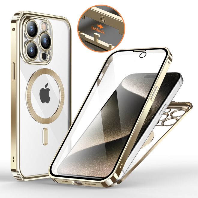 iPhone 15 Pro Hülle - 360 Grad PanzerGlas Alu Case mit Verriegelungsmechanismus - MagSafe kompatibel - champagnerfarben