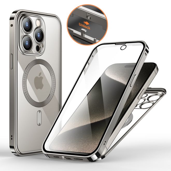 iPhone 15 Pro Hülle - 360 Grad PanzerGlas Alu Case mit Verriegelungsmechanismus - MagSafe kompatibel - silber