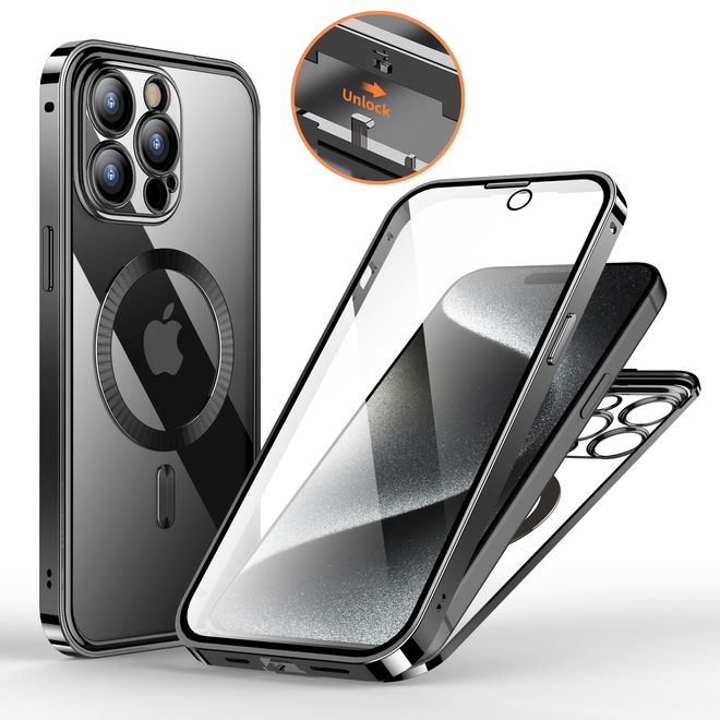 iPhone 15 Pro Max Hülle - 360 Grad PanzerGlas Alu Case mit Verriegelungsmechanismus - MagSafe kompatibel - schwarz