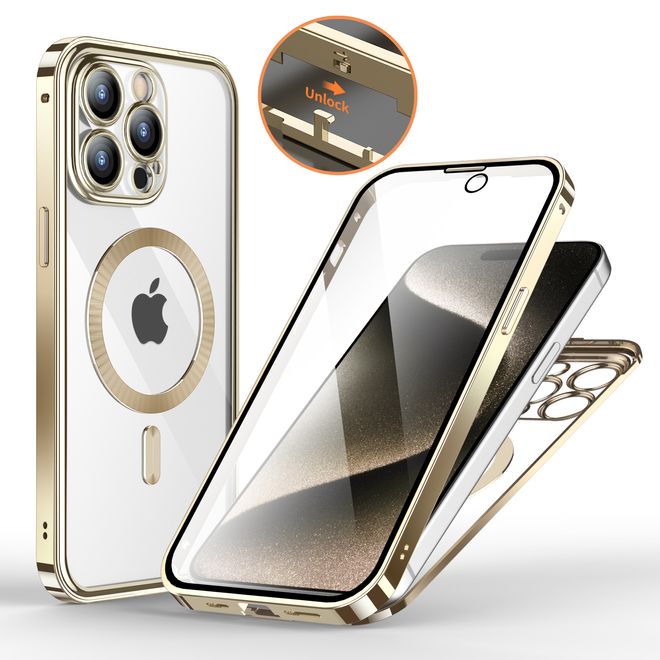 iPhone 15 Pro Max Hülle - 360 Grad PanzerGlas Alu Case mit Verriegelungsmechanismus - MagSafe kompatibel - champagnerfarben