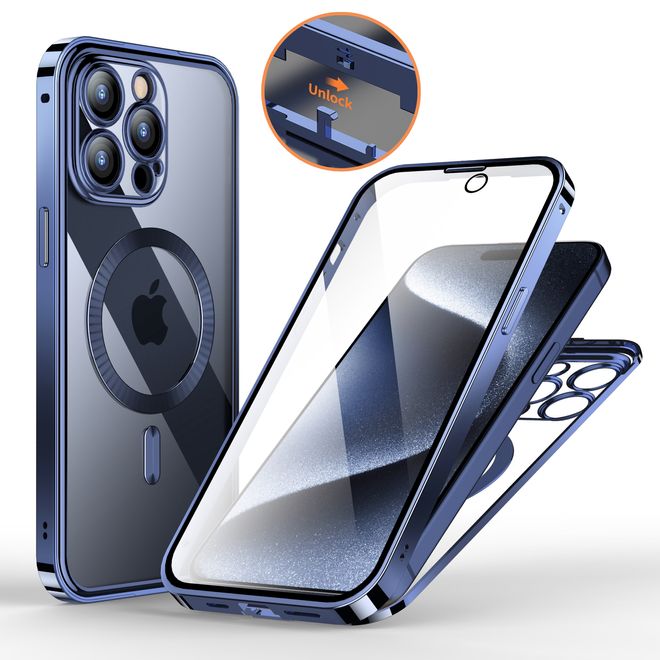 iPhone 15 Pro Max Hülle - 360 Grad PanzerGlas Alu Case mit Verriegelungsmechanismus - MagSafe kompatibel - blau