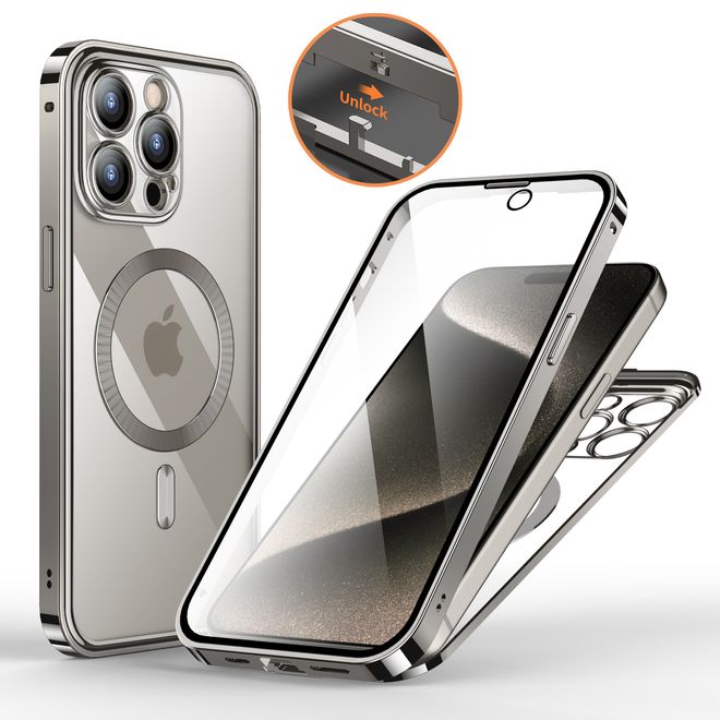iPhone 15 Pro Max Hülle - 360 Grad PanzerGlas Alu Case mit Verriegelungsmechanismus - MagSafe kompatibel - silber