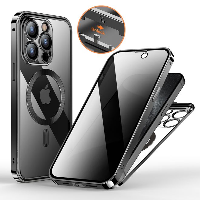 iPhone 15 Pro Hülle - 360 Grad PanzerGlas Alu Case mit Verriegelungsmechanismus - Privacy Glas - MagSafe kompatibel - schwarz