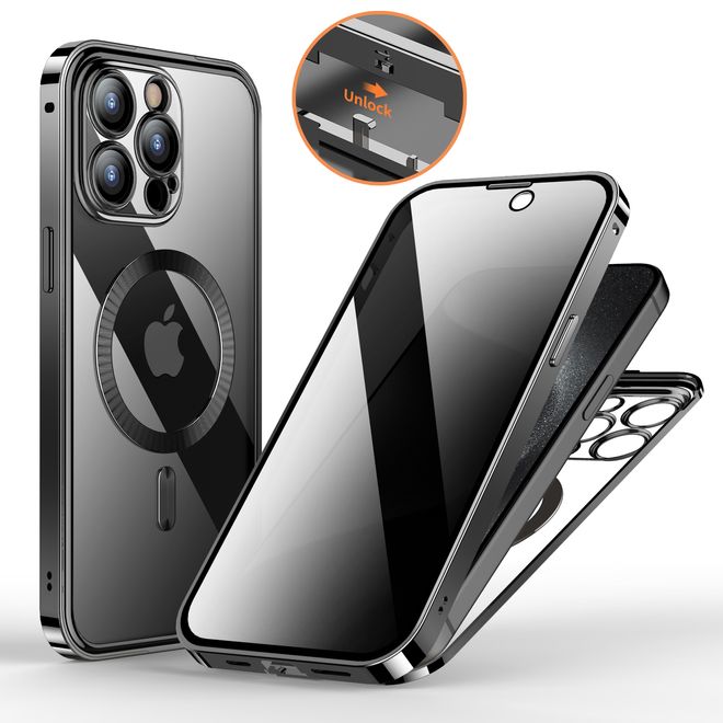 iPhone 15 Pro Max Hülle - 360 Grad PanzerGlas Alu Case mit Verriegelungsmechanismus - Privacy Glas - MagSafe kompatibel - schwarz
