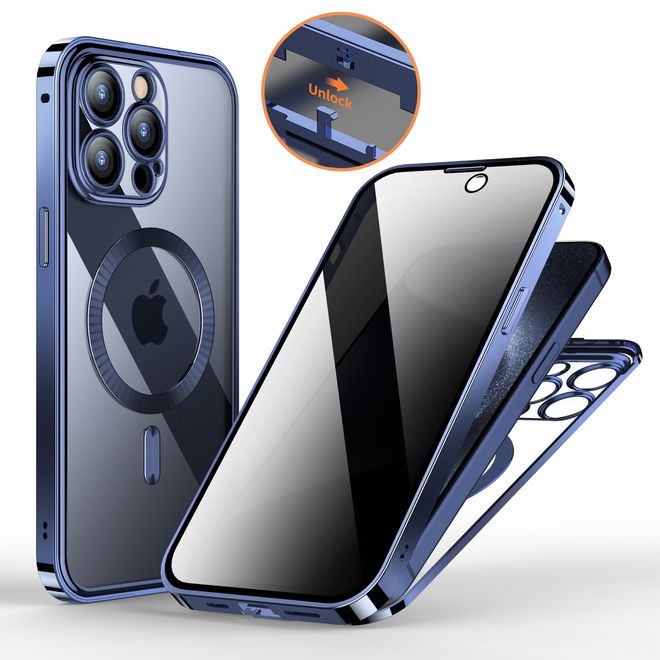 iPhone 15 Pro Max Hülle - 360 Grad PanzerGlas Alu Case mit Verriegelungsmechanismus - Privacy Glas - MagSafe kompatibel - blau