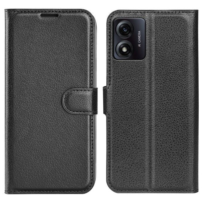 Motorola Moto E13 4G Handy Hülle - Litchi Leder Bookcover Series - schwarz