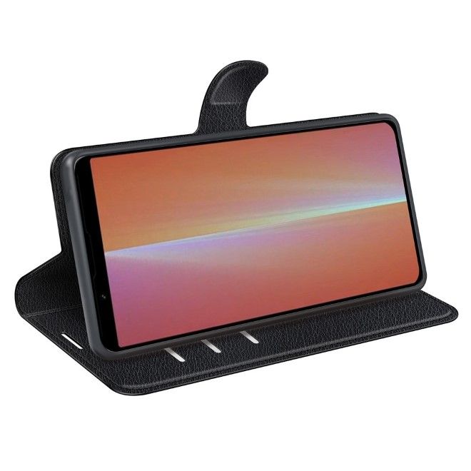 Sony Xperia 5 V Handy Hülle - Litchi Leder Bookcover Series - schwarz