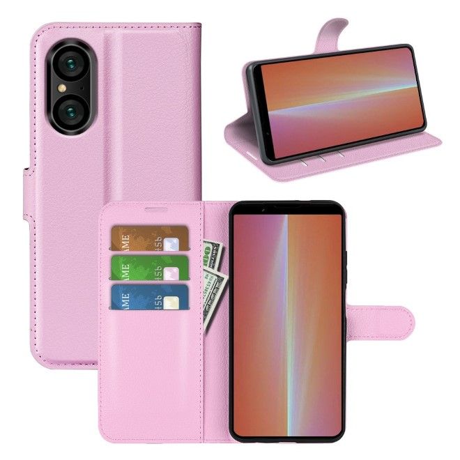 Sony Xperia 5 V Handy Hülle - Litchi Leder Bookcover Series - rosa