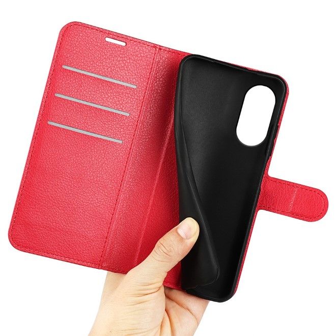 Sony Xperia 5 V Handy Hülle - Litchi Leder Bookcover Series - rot