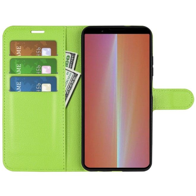 Sony Xperia 5 V Handy Hülle - Litchi Leder Bookcover Series - grün