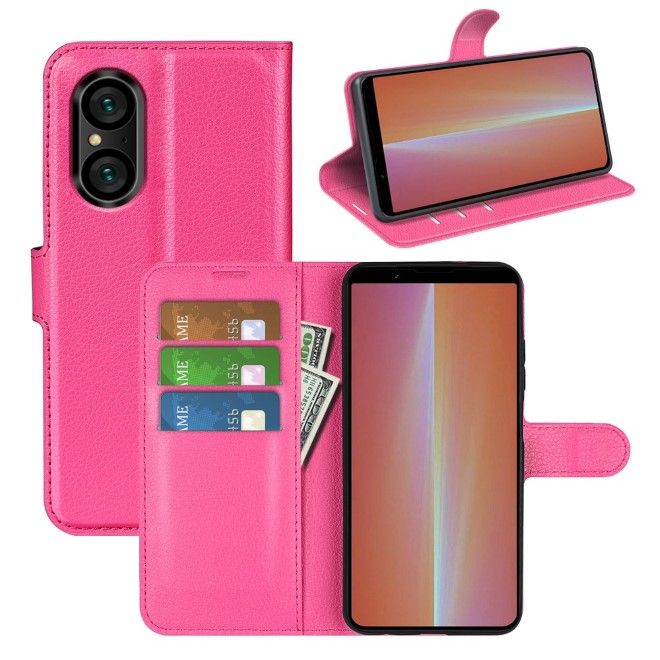 Sony Xperia 5 V Handy Hülle - Litchi Leder Bookcover Series - pink