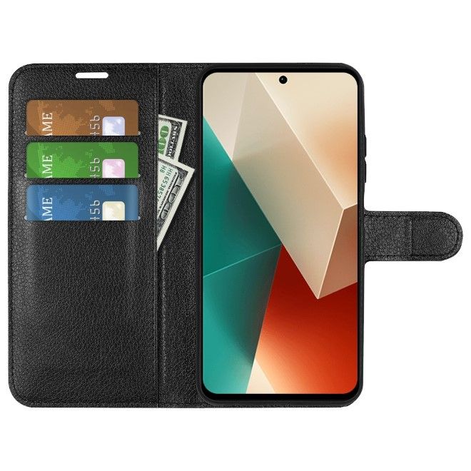 Xiaomi Redmi Note 13 5G Handy Hülle - Litchi Leder Bookcover Series - schwarz