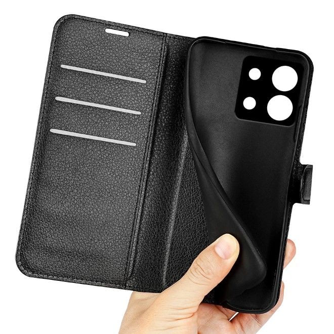 Xiaomi Redmi Note 13 5G Handy Hülle - Litchi Leder Bookcover Series - schwarz