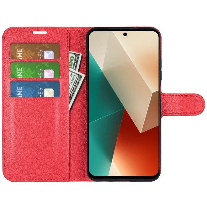 Xiaomi Redmi Note 13 5G Handy Hülle - Litchi Leder Bookcover Series - rot
