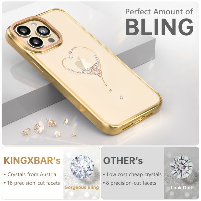 Kingxbar - iPhone 15 Pro Schutzhülle - Case mit Kristallen - Wish Series - gold