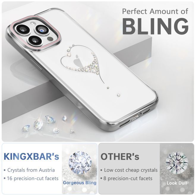 Kingxbar - iPhone 15 Pro Schutzhülle - Case mit Kristallen - Wish Series - silber