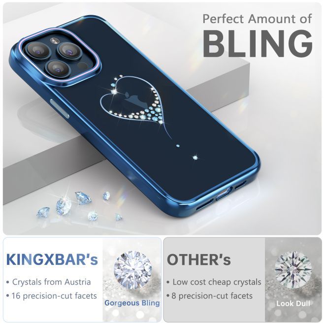 Kingxbar - iPhone 15 Pro Schutzhülle - Case mit Kristallen - Wish Series - blau