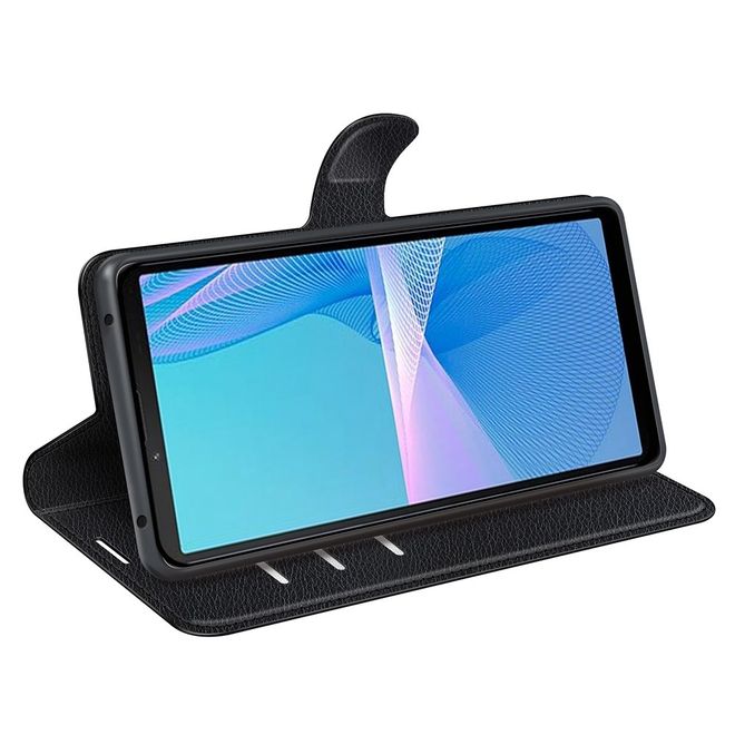 Sony Xperia 10 IV Handy Hülle - Litchi Leder Bookcover Series - schwarz
