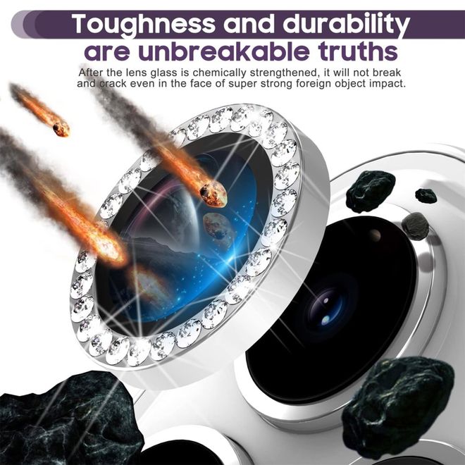 iPhone 15 Pro / iPhone 15 Pro Max Kamera Linsen Abdeckung mit Glasperlen - silber