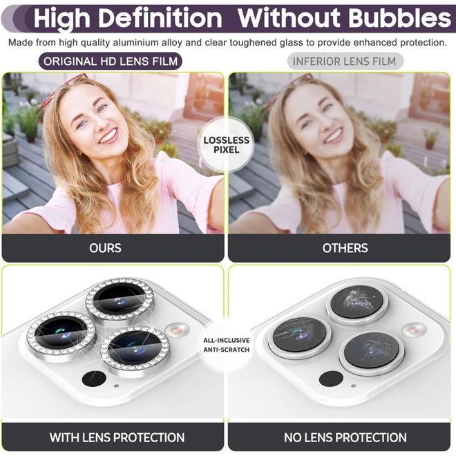 iPhone 15 Pro / iPhone 15 Pro Max Kamera Linsen Abdeckung mit Glasperlen - silber