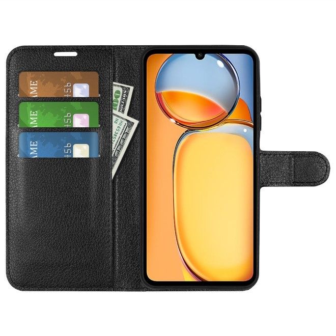 Xiaomi Redmi 13C / Poco C65 Handy Hülle - Litchi Leder Bookcover Series - schwarz
