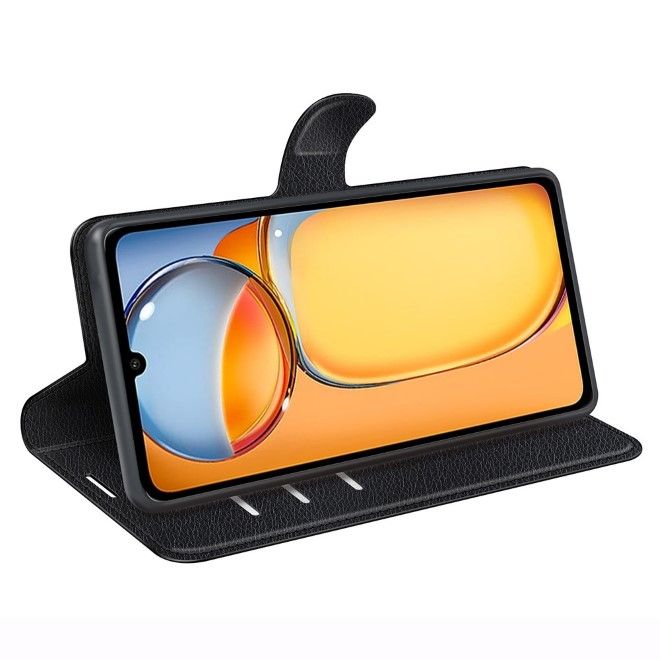 Xiaomi Redmi 13C / Poco C65 Handy Hülle - Litchi Leder Bookcover Series - schwarz