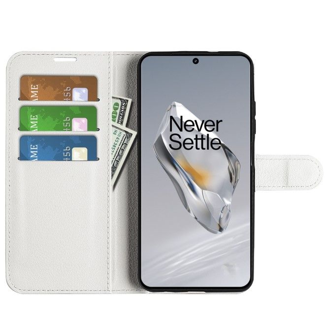OnePlus 12 Handy Hülle - Litchi Leder Bookcover Series - weiss
