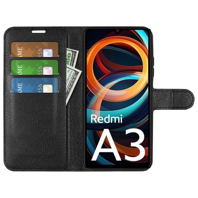 Xiaomi Redmi A3 Handy Hülle - Litchi Leder Bookcover Series - schwarz