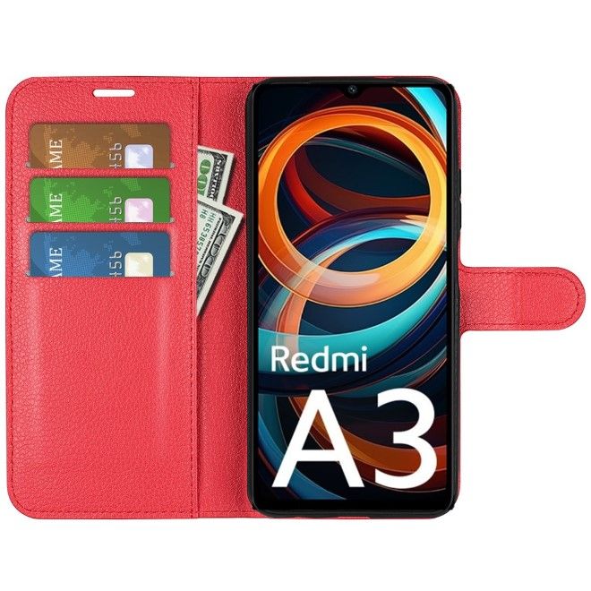 Xiaomi Redmi A3 Handy Hülle - Litchi Leder Bookcover Series - rot